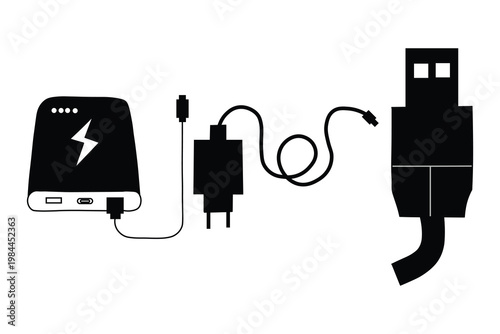 Portable power bank silhouette with charging cable and wall plug, mobile battery charger vector, USB connector and power adapter icons
