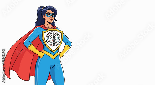 Cartoon superhero woman with tree shield in vector style for environmental conservation concept.