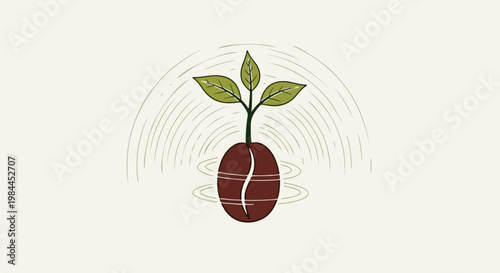 Coffee bean sprout vector illustration with growing leaves and circular ripple effect, representing organic growth and sustainability in coffee cultivation.