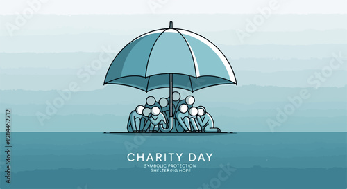Charity Day vector illustration with diverse people sheltered under umbrella, symbolizing protection and support. Charity Day concept for social causes and community help.
