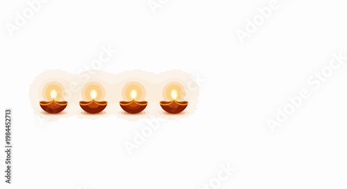 Row of four illuminated diyas vector illustration for Diwali celebration and festive lighting concepts. for branding, packaging, banner, poster, website header, and social media design use
