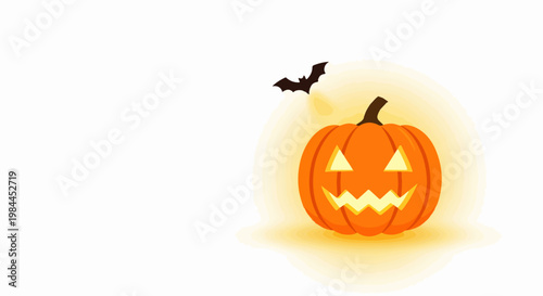 Halloween pumpkin with glowing face and flying bat, vector illustration for spooky celebration. Spooky Halloween pumpkin with carved face and flying bat, vector art for festive decoration.