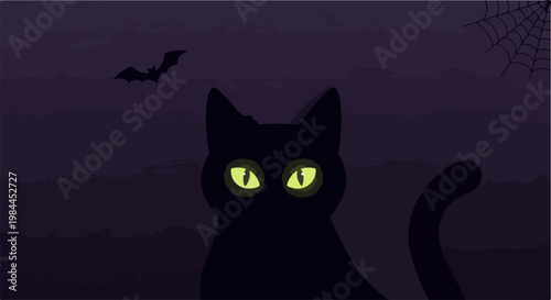 Spooky black cat with glowing green eyes on Halloween night, vector illustration. Spooky black cat with bat and spiderweb, vector art. Halloween concept vector for spooky season celebrations.