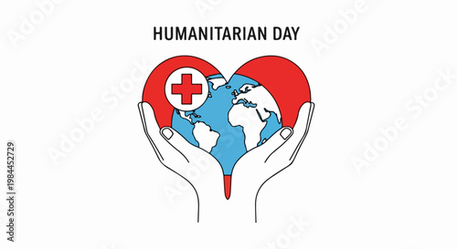Humanitarian Day vector graphic with hands holding heart shaped globe and red cross symbol.