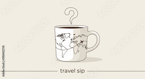 Travel sip vector illustration of coffee cup with world map and airplane, representing global journeys and exploration.