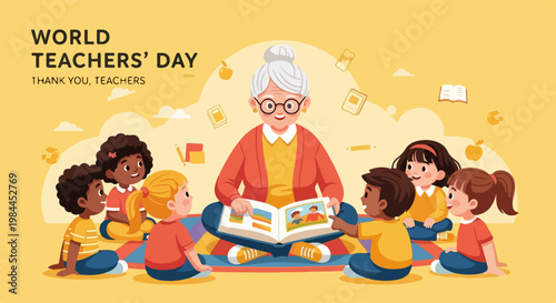World Teachers Day illustration with elderly teacher reading to diverse children, celebrating educators and learning. World Teachers Day concept for appreciation and recognition.