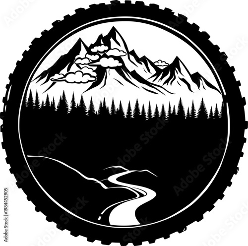 Mountain forest river circular emblem