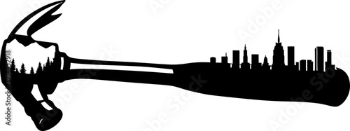 Hammer silhouette with forest and city skyline