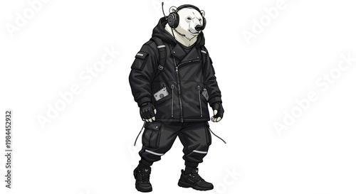 Polar Bear Character in Black Tactical Techwear and Headphones Illustration