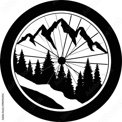 Mountain forest bicycle wheel logo