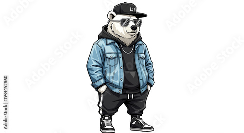 Cool Polar Bear Character in Denim Jacket and Hiphop Streetwear Outfit