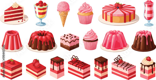 Sweet dessert vector set with cakes cupcakes ice cream jelly and pastries illustration isolated on white