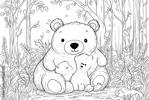 Cute bear family in a forest scene, perfect for coloring.  A large bear sits with a smaller cub, nestled close, in a wooded area.  Detailed line drawing, ideal for children