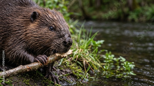 Wild beaver gnawing on tree branch near river bank in natural habitat. Furry rodent building dam in forest stream, wildlife photography of aquatic mammal and ecosystem environment.