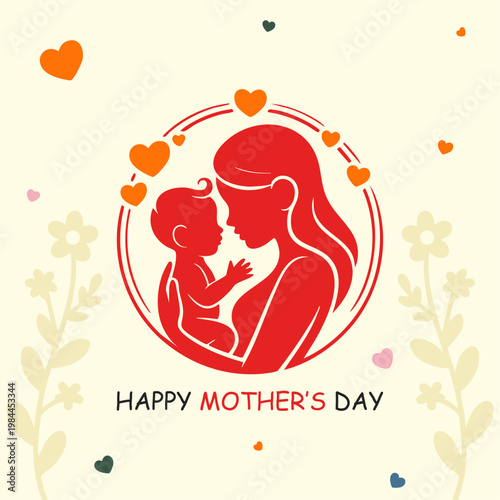 happy mothers day red mom and baby circle design, cute mother holding baby love illustration card, modern mothers day greeting with floral background, minimal mothers day poster with hearts and family
