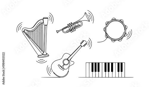 One line musical instruments icon collection with harp trumpet tambourine and guitar minimal vector illustration