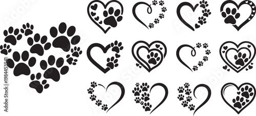 Dog Paw Print Heart Love Vector SVG Bundle Black Pet Animal Clipart Set