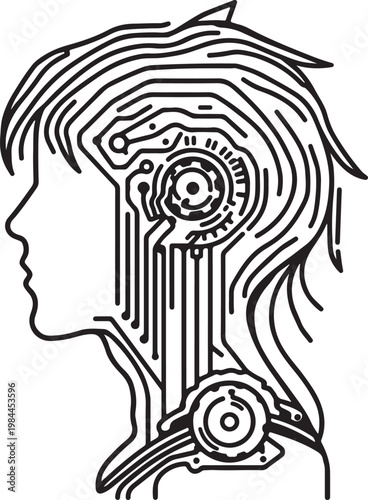 Cybernetic fusion of human brain and mechanical circuitry in artistic illustration