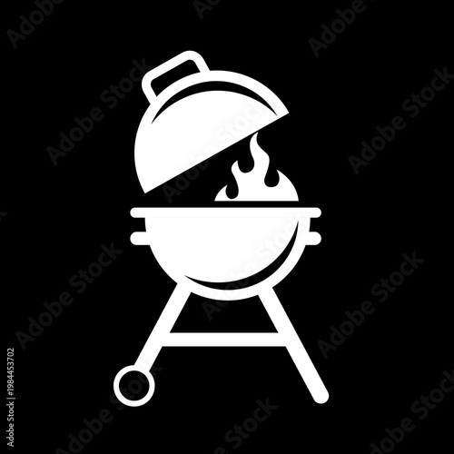 Barbecue Grill with Open Lid and Flames Icon on Black Background