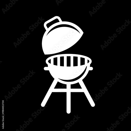 White Barbecue Grill Icon with Open Lid and Cooking Grates on Black Background