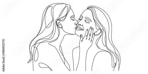 Elegant continuous line art of a same-sex female couple sharing a tender kiss on the cheek