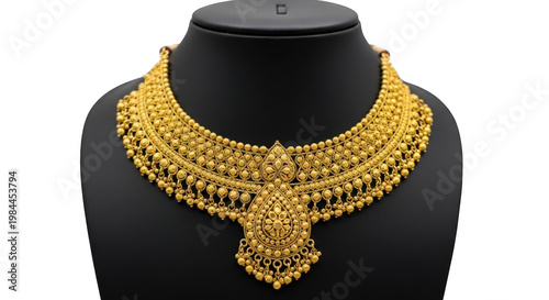 Traditional indian gold necklace with intricate filigree and beadwork design isolated on transparent background