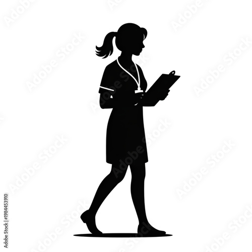 Nurse silhouette walking with clipboard vector, professional female medical worker for healthcare and medicine background