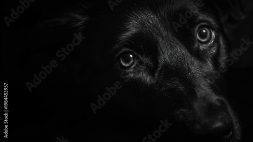 A high contrast black and white closeup of a black canine head emerging from darkness with illuminated eyes and expressi