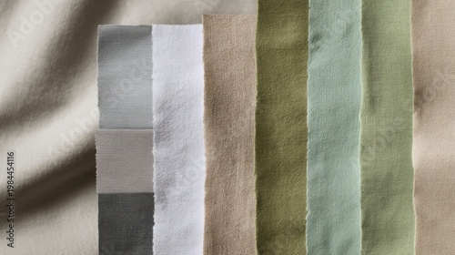 Vertical textile swatches with gray white gradient and natural tones like beige, olive green, mint green on textured fab
