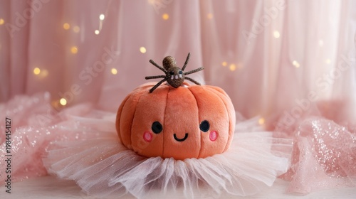 A smiling orange plush pumpkin doll with rosy cheeks wears a white tulle skirt, topped with a shiny small spider, agains