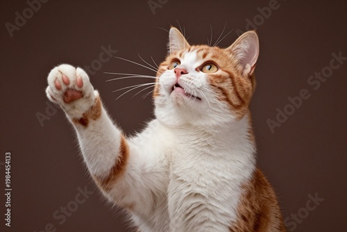 An orange and white cat raising its paw up in the air