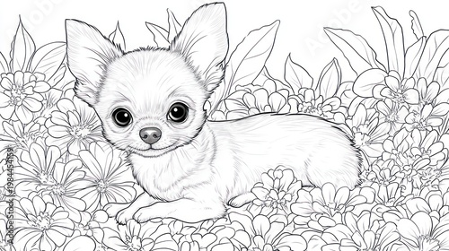 Cute chihuahua puppy nestled in a floral garden.  Line art coloring page