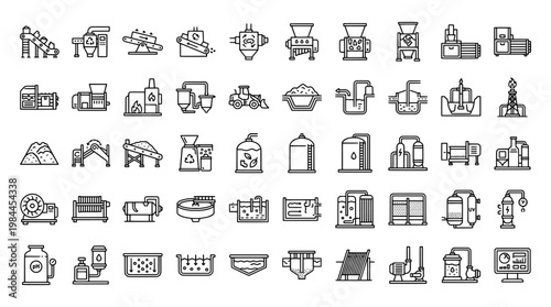 Industrial process equipment vector icons set for business and manufacturing