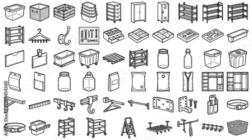 Isometric monochrome storage and organization elements collection
