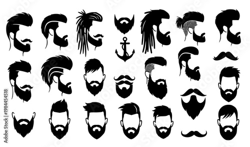 Bold men hairstyle and beard silhouette vector set with diverse modern and classic male grooming styles isolated on white