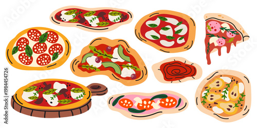 Vector set of various pizza types and slices. Italian cuisine, pizza, pepperoni, margherita, salami and herbs. Food elements in flat cartoon style