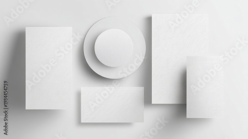 White geometric shapes including rectangles, square, circle on plain background with subtle textures for design mockups.