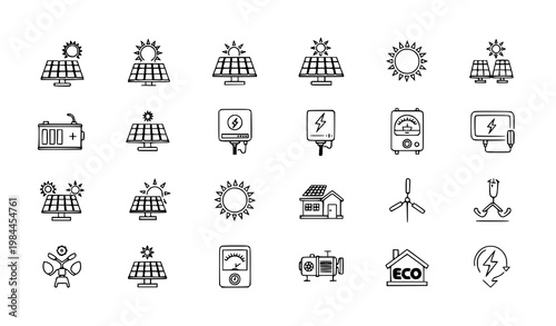 Solar energy line editable icons set panel sun generator renewable outline vector