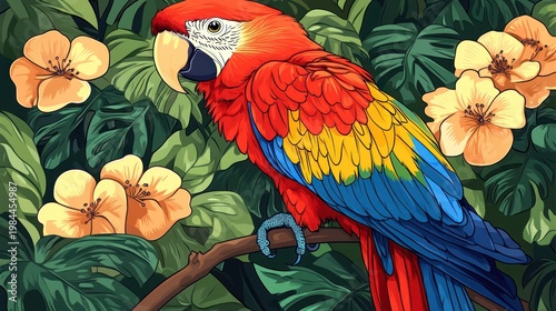 Scarlet Macaw perched on branch, tropical flowers, lush foliage, vibrant colors, nature illustration