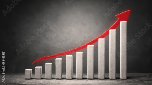 White bar chart ascending left to right with red arrow through columns showing strong growth trend.