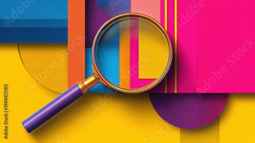 A gold framed magnifier with purple handle rests on vibrant geometric shapes, enlarging blue, orange, pink and yellow bl