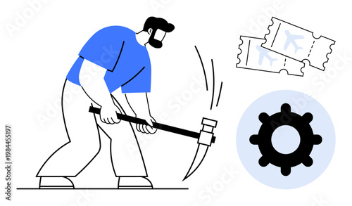 Work concept. Man mining with pickaxe, travel tickets, and gear signifying work, innovation, and global connectivity. Work influencing travel and global industries. Use for business, travel labor