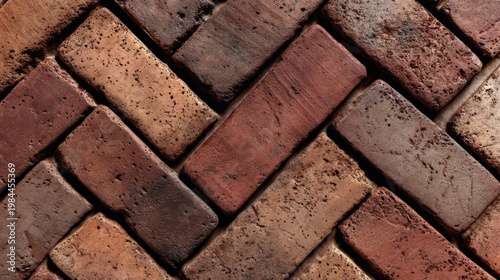 Overhead view of herringbone patterned terracotta bricks with rough porous texture and natural weathered tones.