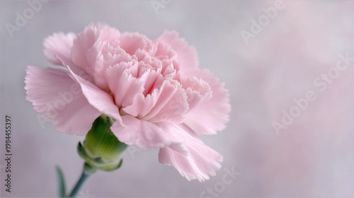A close-up of soft pink carnation with layered petals, slightly curled edges and green stem on blurred soft background.