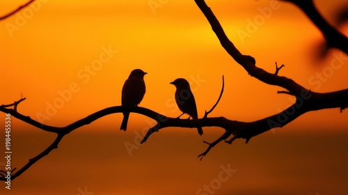 Golden sunset with two birds perched on twisted branches, silhouetted against a warm orange sky, whispering.
