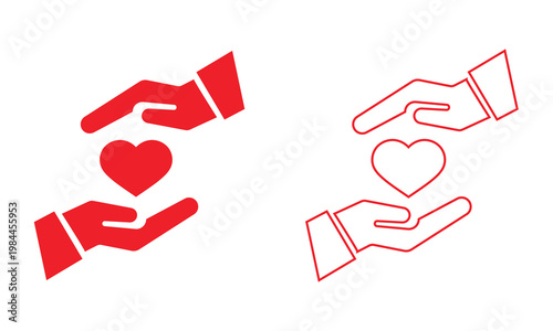 Hands Holding Heart Icons . Icon set of hands holding hearts, representing care, charity, support, protection, and compassion concepts for web and apps.