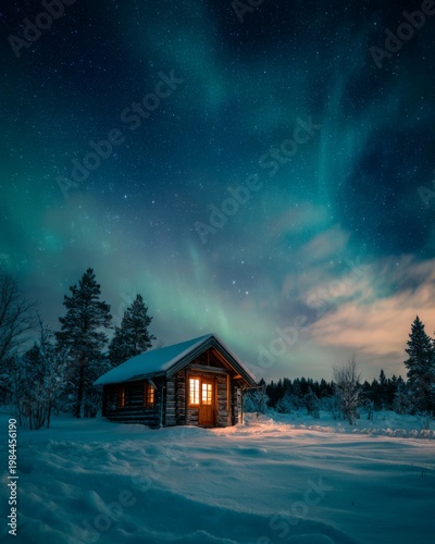 Cozy wooden cabin under northern lights, starry sky, peaceful winter landscape
