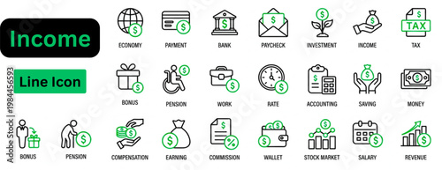 Line art vector of Income icon set. Income line icon set. Set of line icon related to income, salary, money, business. Outline icon collection. Editable stroke. Vector
