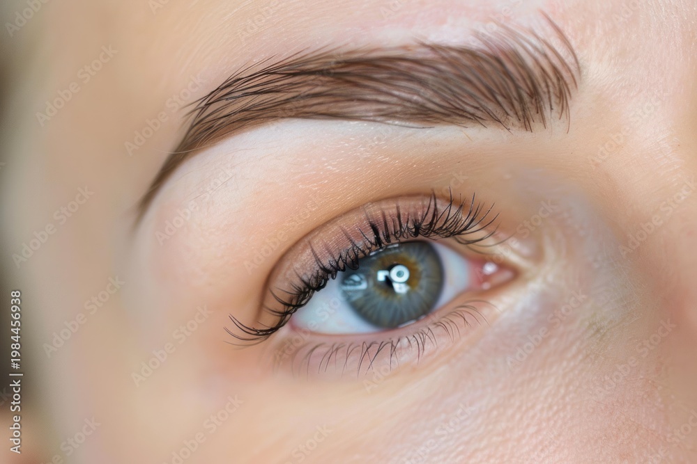 Fototapeta premium Close up of beautiful female eye with long eyelashes and perfect eyebrow shape after professional makeup