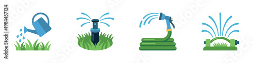 Garden irrigation and lawn watering systems icons set with sprinkler equipment. Vector Illustration.	
